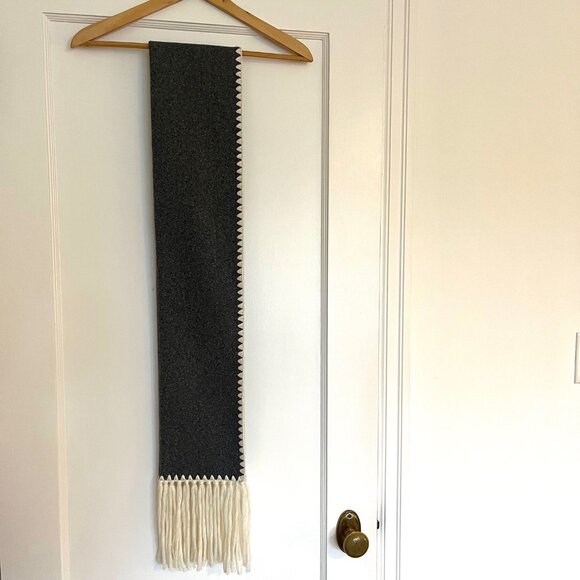 New! Blanket Stitch Tassel Scarf in Gray and Cream - Picture 7 of 7
